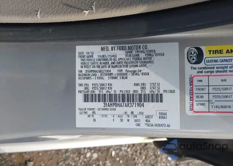 2010 Ford Fusion Se from USA, damaged, VIN 3FAHP0HA7AR371904